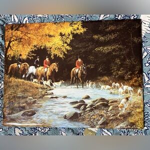 Fox Hunt scene. Autumn stream & hunting hounds. Art on ceramic tile..